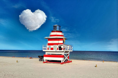 Lifeguard hut on beach against sky