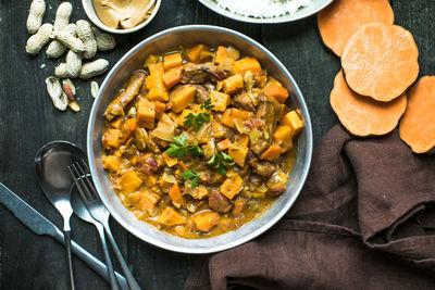 High angle view of food in bowl on table