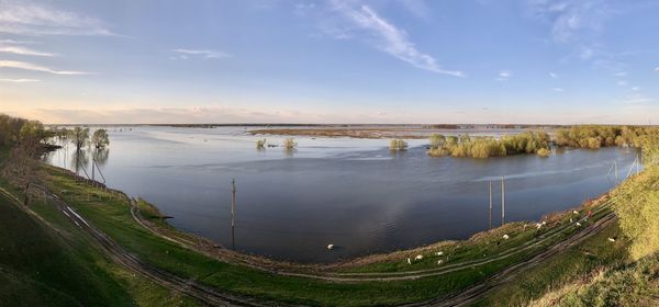 High angle view of river amidst field against sky during sunset