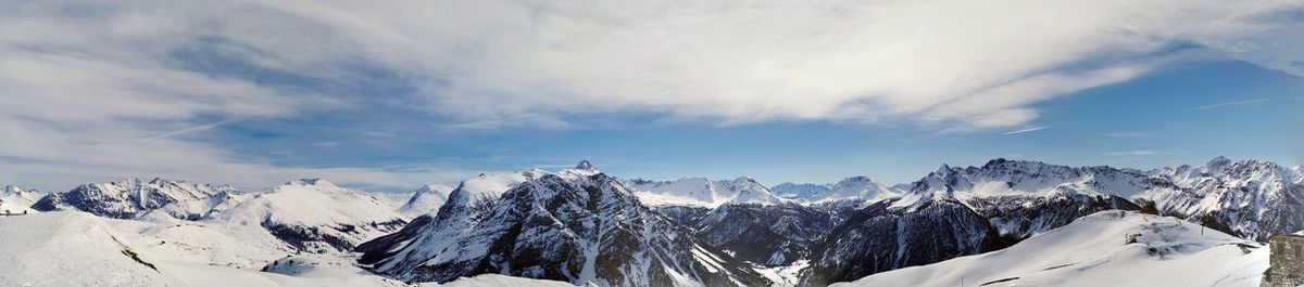 Panoramic view of snowcapped mountains against sky
