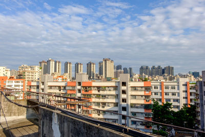 Cityscape against cloudy sky
