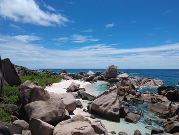 Rocks by sea against blue sky