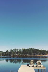 Scenic view of lake against clear blue sky