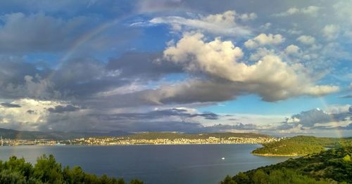Scenic view of sea and mountains against sky