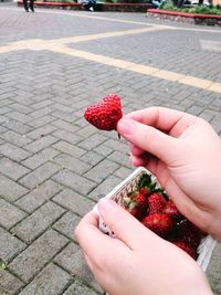 Cropped image of woman holding strawberry