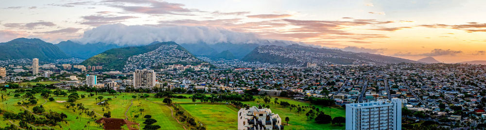 High angle view of townscape against sky during sunset