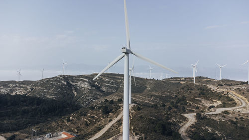 Aerial view of a wind farm. wind turbine windmills. green and sustainable energy
