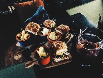 High angle view of food served on table