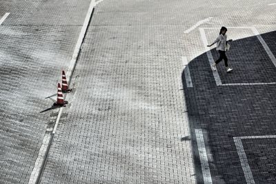 High angle view of man on cable