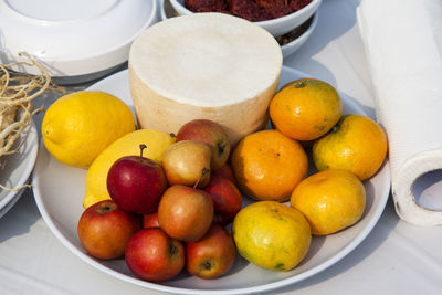 High angle view of fruits in plate