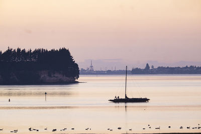 Omokoroa channel. silhouetted sailboat. motuhoa island in middle ground.  