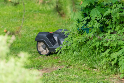 High angle view of vintage car on field