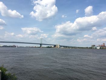 Bridge over river against cloudy sky