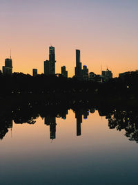 Reflection of silhouette buildings in lake against sky during sunset