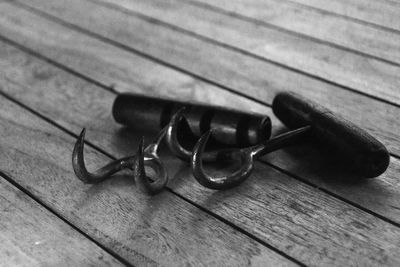 High angle view of shoes on wooden floor