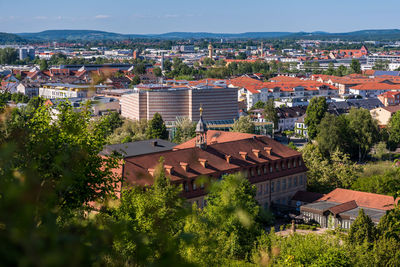 High angle view of houses in town