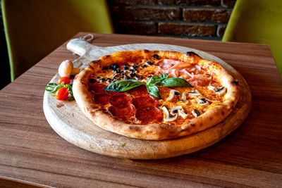 High angle view of pizza on table