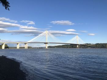 Bridge over sea against blue sky