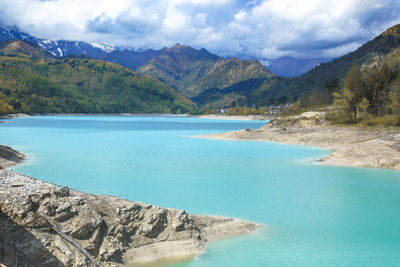 Barcis alpine lake with cloudy sky at valcellina-prodenone,italy attractions on dolomites