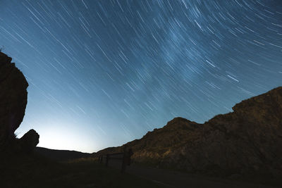 Scenic view of mountains against sky at night