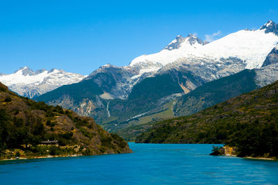 Scenic view of snowcapped mountains against clear blue sky