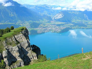 High angle view of land and mountains against sky
