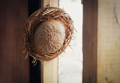 Close-up of rope hanging against wall