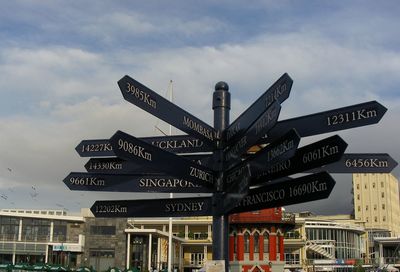 Low angle view of road sign against sky