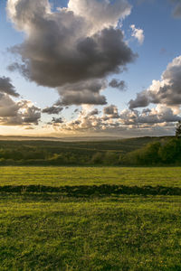 Scenic view of grassy landscape against sky