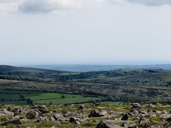 Scenic view of field by sea against sky