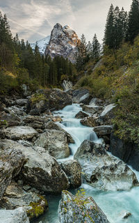 River flowing through rocks in forest against sky