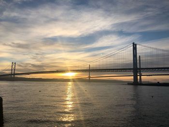 View of suspension bridge against cloudy sky