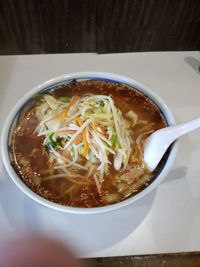 High angle view of soup in bowl