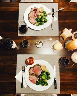 High angle view of breakfast served on table