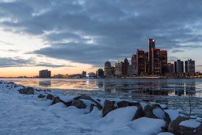 City at waterfront during winter