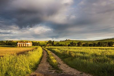 Scenic view of field against cloudy sky