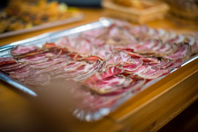 High angle view of meat in plate on table