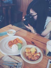 High angle view of food served on table