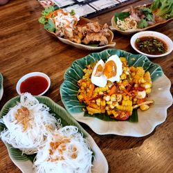 High angle view of food served on table