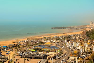 High angle view of city at seaside