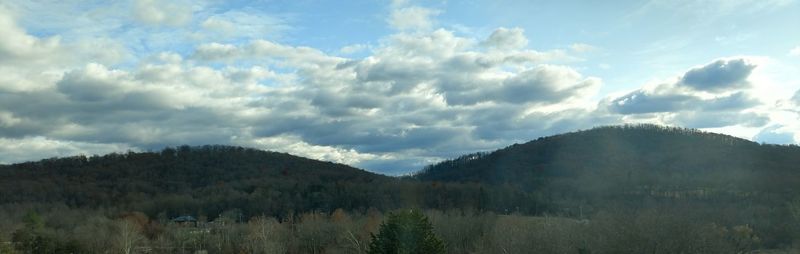 Panoramic view of trees and mountains against sky