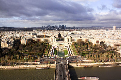 Aerial view of cityscape against cloudy sky