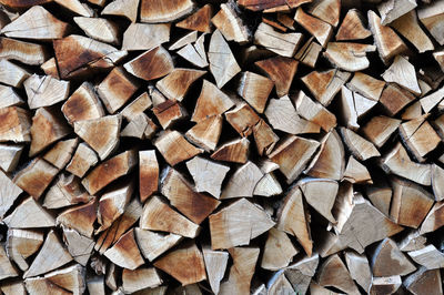 Dry chopped firewood in storage ready for use in cold winter season. brown color wood background