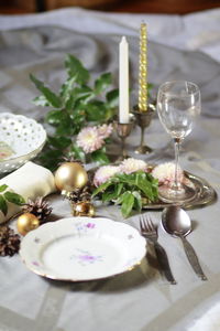 High angle view of wine glasses on table