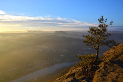 Scenic view of tree mountains against sky