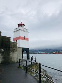 Lighthouse by sea against sky