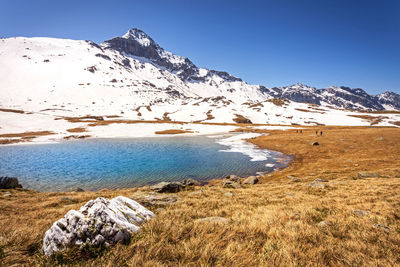 Scenic view of snowcapped mountains against clear sky