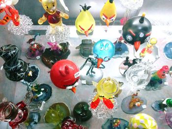 High angle view of toys on display