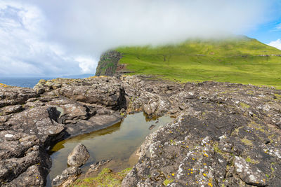 Scenic view of rocks on land against sky