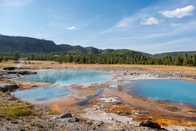 Scenic view of lake by mountain against sky